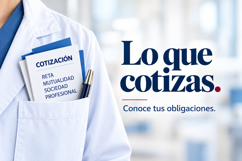Campaña Lo que cotizas. Conoce tus obligaciones. Fotografía de documentación RETA y mutualidad en la bata de un médico.
