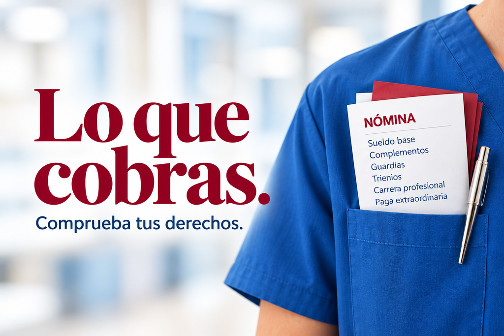 Campaña Lo que cobras. Comprueba tus derechos. Fotografía de documentación sobre nóminas en el bolsillo de un uniforme sanitario.